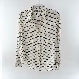 Zoe & Sam Bow Print 100% Silk Long Sleeve Button-Down Shirt Cream Black Large